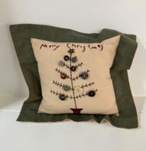 Merry Christmas Tree Prim Farmhouse Pillow Green Check Stitched Buttons 13x10 - £11.30 GBP