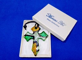Glass Cross Charm/Pendant, Green/Gold/Silver, Murano Art Glass, Gift Box, #2910 - $8.77