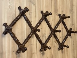 Vintage Wood Hanging Wall Coat Teacup Mug Rack Accordion Mid-Century 31”... - $41.58