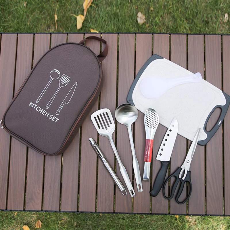 8pcs Camping Kitchen Utensil Set with Carrying Bag BBQ Beach Hiking Travel - $23.01