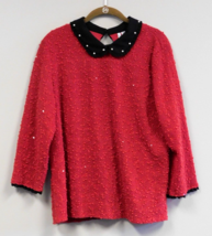 ELLE Women&#39;s Pullover Top with red sequins and black pearl collar Size XL - £13.18 GBP