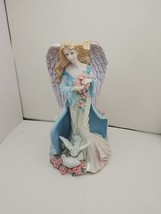 Ornate Angel Taper Candle Holder Pink Roses Doves 7&quot; Flowers Resin Hand Painted - £20.56 GBP