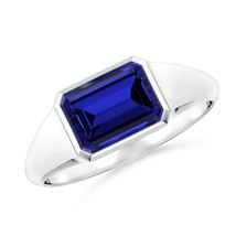 Angara Lab-Grown 1.65Ct Emerald-Cut Blue Sapphire Signet Ring in Sterling Silver - £451.27 GBP