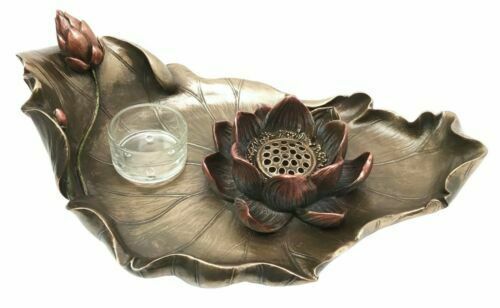 Large Buddhism Zen Serene Lotus Petal Blossom Incense & T Light Holder Figurine