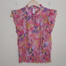 Joie | Pink Floral Blouse with Ruffle Flounce Sleeves Smocked Hem, size small - £27.15 GBP