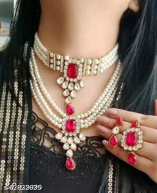 Primary image for Indian Women 2 Necklace Set Gold Plated Choker Fashion Jewelry Wedding Wear Gift