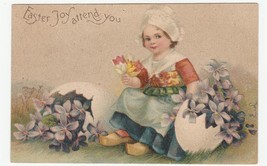 Vintage Postcard Easter Dutch Girl Tulips Violets 1908 Embossed - £7.64 GBP