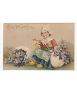 Vintage Postcard Easter Dutch Girl Tulips Violets 1908 Embossed - £7.64 GBP