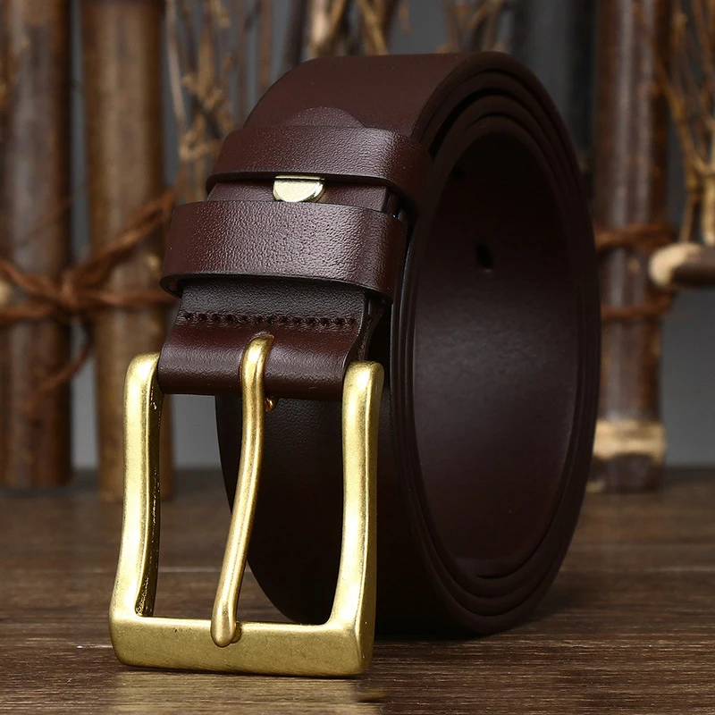 3.8CM Top Quality Cow Skin Genuine Leather Belt Mens Retro Brass Copper-105CM - £45.12 GBP