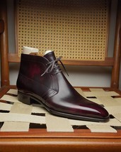 Handmade Men&#39;s Burgundy Leather Chukka Chiseled Toe Ankle Lace Up Dress Boots - £127.86 GBP
