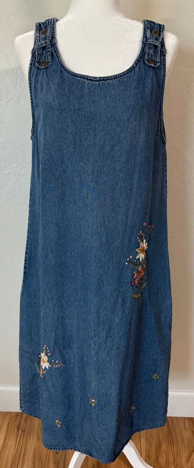 Vintage Petite Sophisticate Denim Floral Embroidered Dress Size L - $39.29