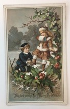 Antique Victorian Style Merry Christmas Wishes Card (Blank Backside) Boy &amp; Girl - £11.36 GBP