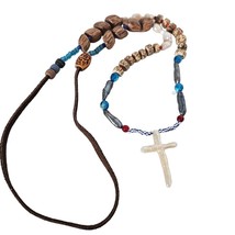 Long Length Beaded Christian Cross Leather Cord Necklace - $26.72