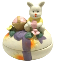Vtg Easter Egg Trinket Box with Bunny and Basket Flowers Ceramic Chalkware - £28.52 GBP