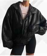 Oversized Black Real Leather Bomber Jacket: 90s Vintage Moto Style - $199.95