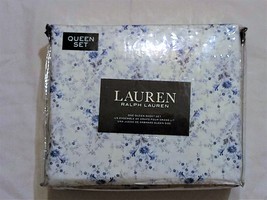 NIP Ralph Lauren Queen Sheet Set White w/ Blue Floral Design 100% Cotton - £84.67 GBP