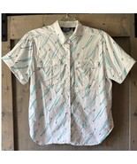 80&#39;s Silver Bay Short Sleeve Button Down Shirt White Teal Black See Meas... - $11.30