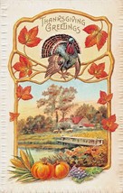 Thanksgiving Greetings~Colorful TURKEY-AUTUMN Scene~Embossed Meeker Postcard - £7.16 GBP