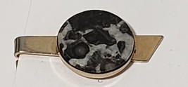 Vintage Tie Bar Clip Clasp Stay Gold Tone Round Marble Stone Black Gray - £6.76 GBP