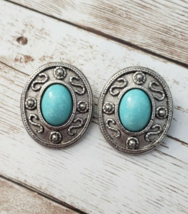 Vintage Clip On Earrings - Ornate Silver Tone Oval with Turquoise Colored Center - £11.98 GBP