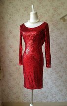 Sexy Wine Red Fitted Long Sleeve Open Back Sequin Dress Plus Size Party Dress image 4