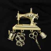 Danecraft Brooch Gold Tone Sewing Machine 2.75&quot; x 1.75&quot; Thimble Scissors 1980s - $16.65