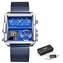 LIGE Luxury Men Quartz Digital Watch Mesh Strap Blue - £40.29 GBP