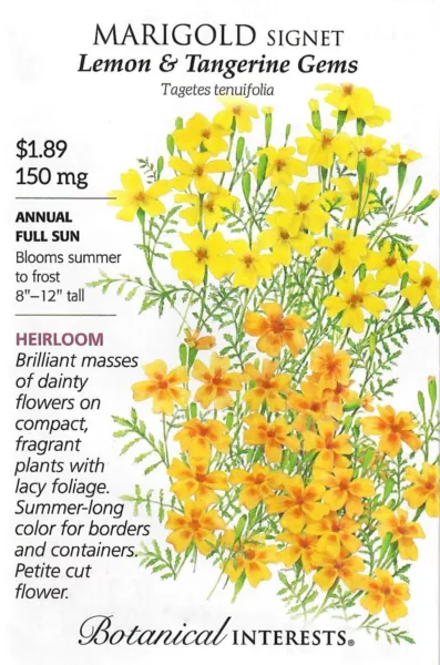 Marigolds Lemon &amp; Tangerine Gems Flower Seeds - Botanical Interests 12/24 Fresh  - $8.00