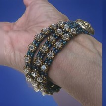 NEW Triple Strand Crystal AB &amp; Blue Bracelet W/Button &amp;Loop Closure 7” Handmade - £42.26 GBP