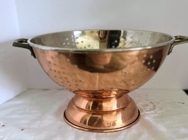 Vintage Copper Strainer Colander w Brass Handles &amp; Pedestal Base 9 x 5.5&quot; - $19.80
