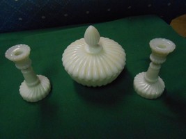 Beautiful 3 Piece Set-MILK Glass Pair Candle Holders &amp; Trinket Box..........Sale - $10.89