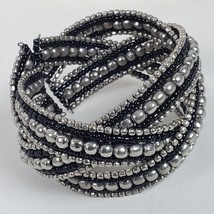 Vintage BOHO Stretchy Bracelet Silver Tone &amp; Black Beaded Adjustable - $10.33