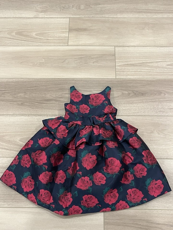 JANIE &amp; JACK Navy Rose Peplum Party Lined Dress Bow Size 5 - £44.67 GBP