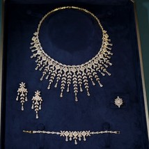 Luxury Silver Color CZ Tassel  Necklace Earrings 4 PCS Jewelry Set for Women Bri - £143.69 GBP