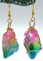 Pink, Green & Blue Rainbow Stone (Glass) Hand Made Wire Wrap Earrings - £20.72 GBP