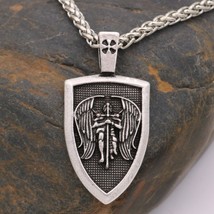 Pendant Necklace Chain Men Paladin Archangel Shield Silver Stainless Steel  - £13.33 GBP