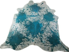 Blue Acid Washed Cowhide Size: 9&#39; X 8&#39; White/Blue Cowhide Rug C-119 - £231.20 GBP