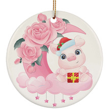 Cute Baby Pig On Pink Moon Ornament Christmas Gift Home Decor For Animal Lover - £11.83 GBP