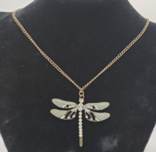 Bronze Tone &amp; Clear Rhinestone Dragonfly Pendant Necklace - 25&quot; Chain - £11.56 GBP