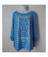 Bob Mackie Blue Geometric Print Tunic Top Women size 2X Long Sleeves Stretch - $26.72