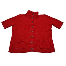 Chaps Sweater Womens L Red Short Sleeve Full Front Button High Neck Card... - $22.65