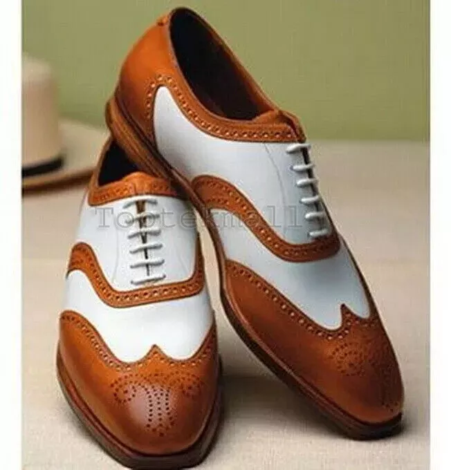 Handmade Men&#39;s White, Tan Leather Oxford Wingtip Brogue Lace Up Formal Shoes Men - £121.46 GBP