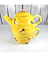 Ceramic Honey Bee Tea For One Teapot Cup &amp; Lid Yellow 3-Piece Peggy Jo A... - $376.79 MXN