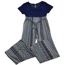 Just Be Jumpsuit Womens 1X Blue Short Sleeve Scoop Neck Tie Batik Stretch - £23.71 GBP