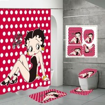 4pc Betty Boop Red Polka-A-Dot Bathroom Shower Curtain Toilet Seat Rugs Set - £49.02 GBP