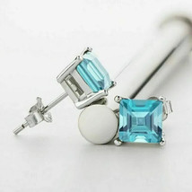 4Ct Asscher Simulated Aquamarine Solitaire Stud Earrings 14K White Gold Plated - £26.49 GBP