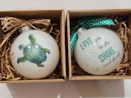 Christmas Coastal Turtle Starfish White Green Glass Christmas Ornaments 4.5&quot; - £23.73 GBP