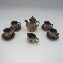 11 Piece Stoneware Toy Tea Set Service Wheat And Floral Pattern Vintage - £13.41 GBP
