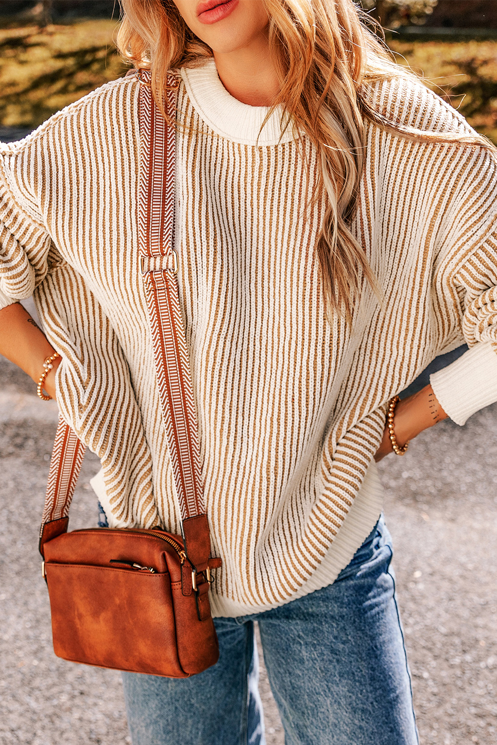 Chestnut Striped Contrast Trim Loose Sweater - $248.30