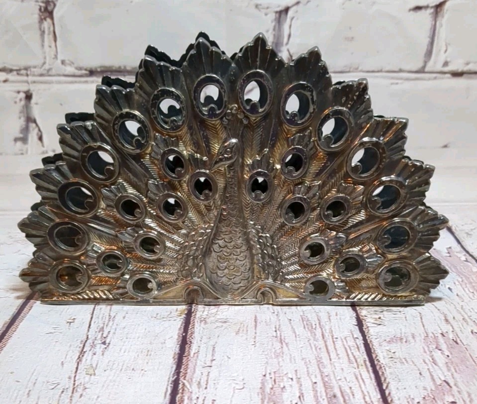 Vintage Art Deco Silver Metal Peacock Napkin or Letter Holder  - $25.99